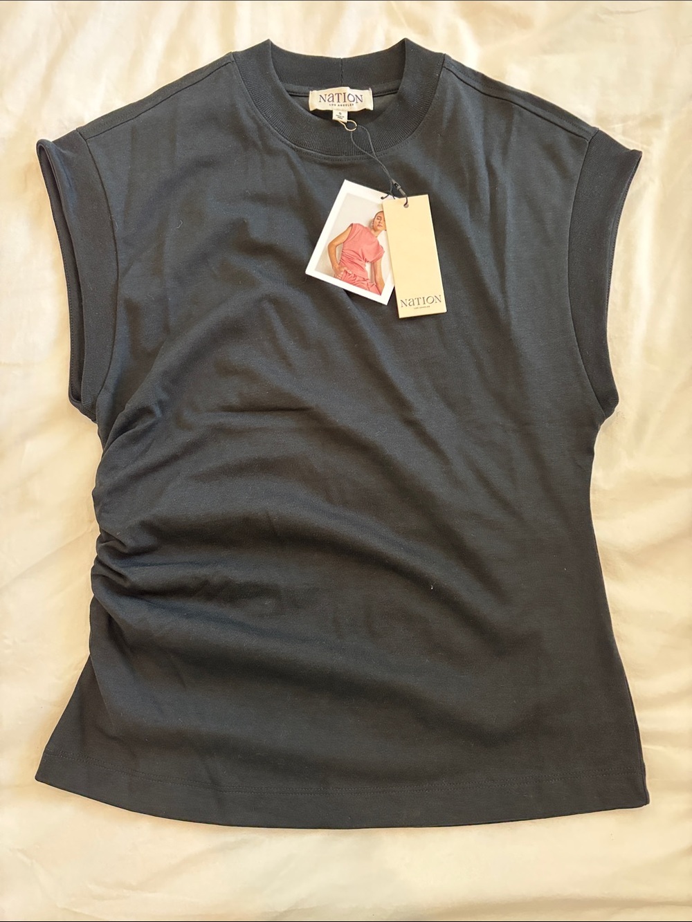 NWT Nation Black Tee with Ruched Side Size S